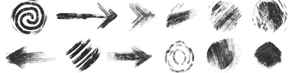 Fototapeta premium Charcoal hand drawn pencil arrows. Doodle curved chalk darts. Texture design elements of scribble lines. illustration of hand painted crayon check lines