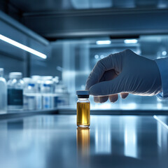 Close-up of a gloved hand holding a vial in a high-tech laboratory setting with focused lighting and futuristic equipment.