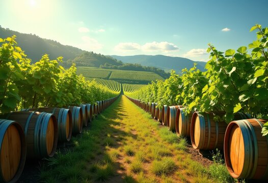 breathtaking vineyard landscape featuring lush green distinctive wine rolling hills under clear blue sky, barrel, grape, plant, field, bottle, glass, cellar