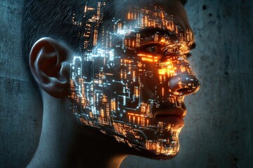 A man's face is overlaid with a glowing circuit board pattern, symbolizing the fusion of humanity and technology.