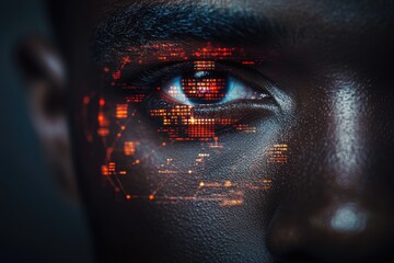 A close-up of a person's eye with futuristic orange digital data overlayed, suggesting technological advancement or human augmentation.