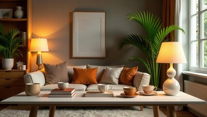 Cozy Living Room Interior Design with Warm Lighting and Comfortable Seating