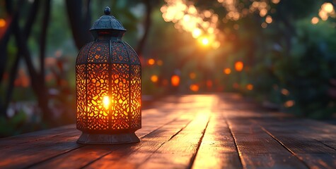Glowing Decorative Lantern on Wooden Table at Sunset