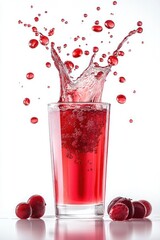 Red cherry juice splashing in glass with droplets flying isolated on white background