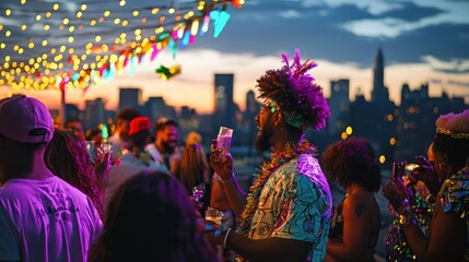 Obraz premium A scene of people celebrating Mardi Gras at a rooftop party.