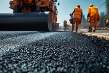 Close up of workers laying asphalt on a construction site with paving machine in background