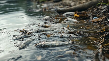 Fototapeta premium Dead fish floating in polluted water near shore, environmental disaster.