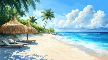 Tropical island resort, white sand beach with palm trees, flat illustration, perfect summer vacation travel destination, summer vacation travel poster, tourism poster