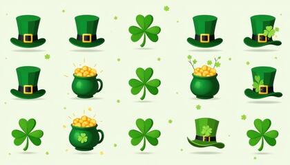 St. Patrick's Day Celebration: Leprechaun Hat, Pot of Gold, Animated FourLeaf Clovers. A collection of green hats and shamrocks with gold coins.