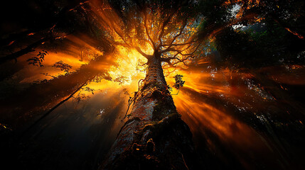 Misty Rainforest Canopy at Dawn with Towering Trees Draped in Vines in 8k Jungle Photography
