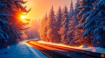 A sunlit road winds through a snow-covered forest, bathed in warm, golden light. The winter landscape evokes a sense of peace and tranquility.