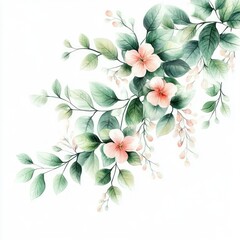 Watercolor Floral Border with Pink Flowers and Green Leaves for Wedding and Birthday Invitations and Summer Celebrations