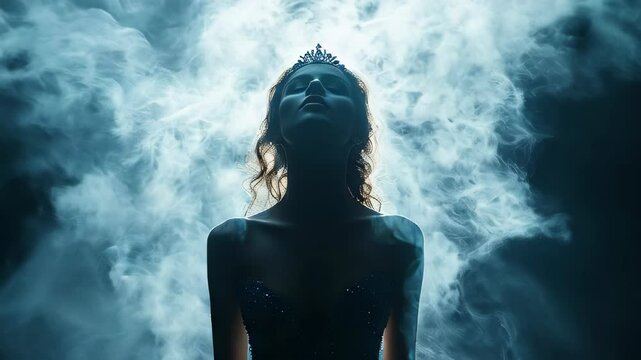 video of Silhouette of a beauty pageant contestant wearing a sparkling diamond crown, with tanned skin and flawless makeup, dressed in an evening gown on stage