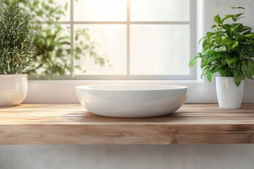 Fototapeta premium Minimalistic Blurred Bathroom Scene with Wooden Countertop and Natural Light