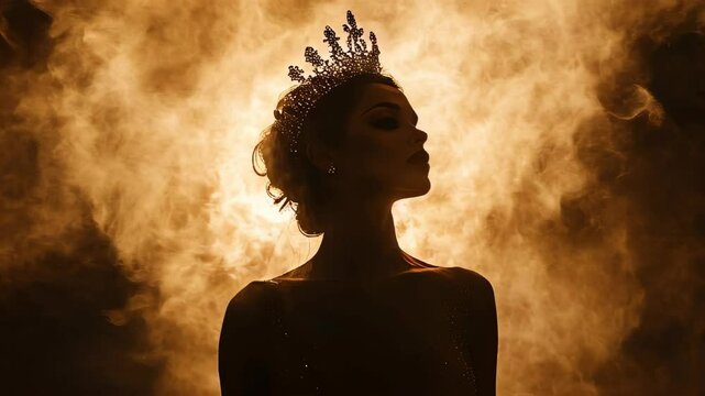 video of Silhouette of a beauty pageant contestant wearing a sparkling diamond crown, with tanned skin and flawless makeup, dressed in an evening gown on stage