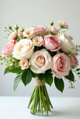 Obraz premium A Delicate Bouquet of Pastel Roses and Miniature Flowers, Elegantly Arranged and Tied with Raffia, Rests in a Clear Glass Vase