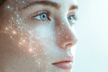 Close-up of a woman's face with a digital network overlay, symbolizing technology and connection.