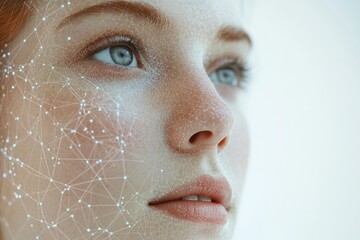 Close-up of a woman's face with a digital network overlay, showcasing technological beauty and biometrics.
