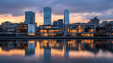 Fototapeta premium Toronto Waterfront Cityscape at Dusk with Modern Buildings and River Reflection under Scenic Sunset Illuminated Sky