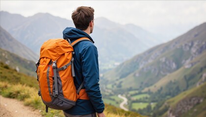 Naklejka premium Contemplative hiker admiring valley view on overcast day, adventure spirit