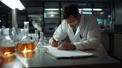 A scientist is focused in a lab, surrounded by glassware and steam, diligently recording notes amidst amber-hued solutions.