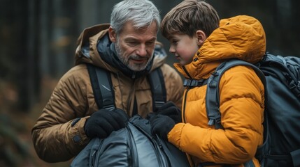 Fototapeta premium 5. **A father and teenage son lifting a heavy duffel bag into the back of the car**, sharing a moment of teamwork before setting off on their journey 