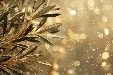 Festive christmas background featuring olive branches, snow, and bokeh lights for holiday greetings