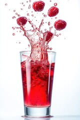 Splashing Cherry Juice in Glass on White Background Fresh Fruit Beverage Bright Refreshing Drink