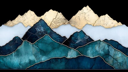 Stunning Mountain Landscape Art in Gold and Teal