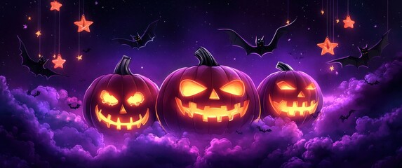 Fototapeta premium Glowing Halloween Pumpkins Party Celebration in Purple Background with Bats and Stars