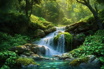Waterfall in Southeast Asian Tropical Rainforest with Lush Greenery and Dense Foliage