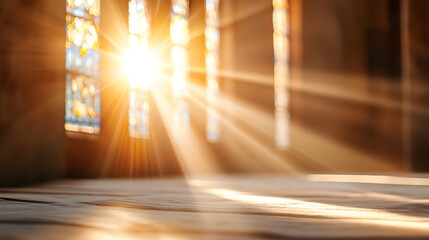 Radiant sunrays streaming through stained glass windows illuminate the wooden floor, creating a warm and sacred atmosphere. Selective focus
