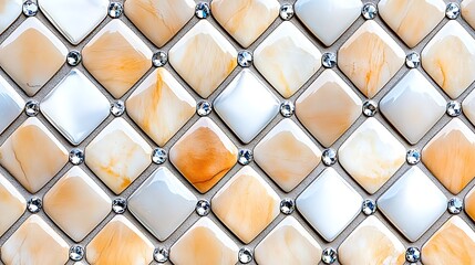 Fototapeta premium Elegant Diamond Pattern Beige and White Tiles with Crystal Accents Luxury Wall Decor Texture