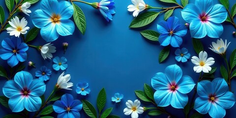 Obraz premium Vibrant Blue and White Floral Arrangement on a Deep Blue Background, Creating a Stunning and Elegant Composition Perfect for Invitations, Cards, or Decorative Purposes