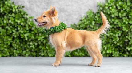Naklejka premium Rescued dog with a green collar being walked by a volunteer highlighting the beautiful bond of friendship and compassion in animal care