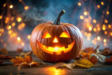 Fototapeta premium Spooky halloween pumpkin glowing face