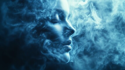 Ethereal face emerges from swirling smoke, eyes closed, embodying tranquility and mystery in a surreal, dream-like ambiance.