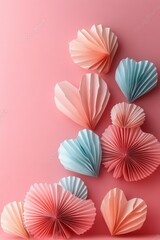 Obraz premium Valentine Day Scene with Paper Fan Hearts in Pastel Pink Love Background for Romantic Celebration and Invitation