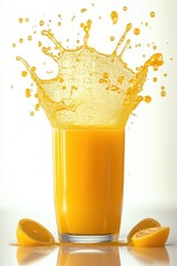 Photorealistic Yellow Juice Splash in Glass on White Background Refreshing Beverage Organic Orange Drink
