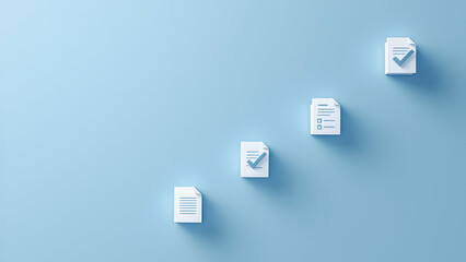 Diagonal Alignment of Document Icons and Checklist on Periwinkle Blue Matte Background with Minimalist Design