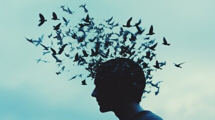 A human silhouette is enveloped by a cloud of birds in flight against a pale sky, representing thoughts and ideas taking wing.