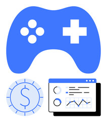 Obraz premium Game controller, dollar coin, and analytics dashboard portraying gaming monetization and performance tracking. Ideal for gaming business, esports, finance, analytics, technology, market trends flat