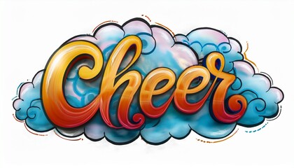 낙서 스타일의 CHEER 손글씨와 주변을 감싸는 구름 장식