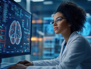 Focused scientist reviewing brain scan data