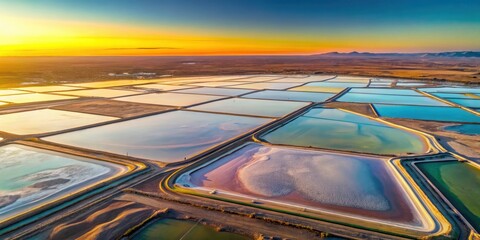 Obraz premium Aerial view of vibrant lithium fields at sunrise with evaporation ponds in the distance, evaporation lakes, mineral extraction