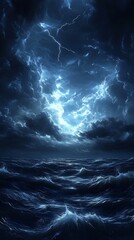 A dramatic seascape under a stormy sky illuminated by lightning.