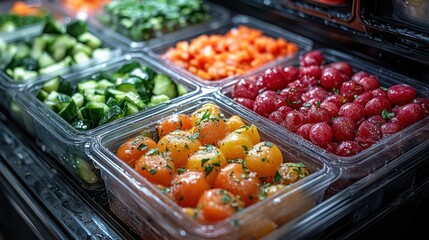Obraz premium Fresh and colorful salad ingredients in plastic containers display array