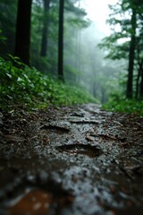 Misty forest path after rain