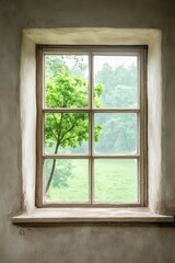 Fototapeta premium A rustic window frame shows a vibrant green tree, inviting nature inside and creating a serene atmosphere.