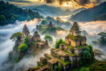 Ancient ruins shrouded in mist, revealing nature hidden beauty